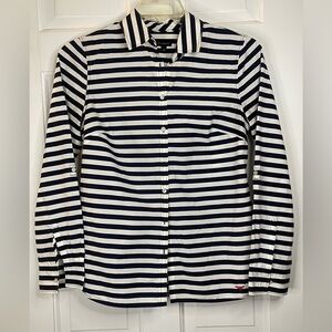 Classic Talbots Navy Blue White striped Nautical button front shirt Size 8